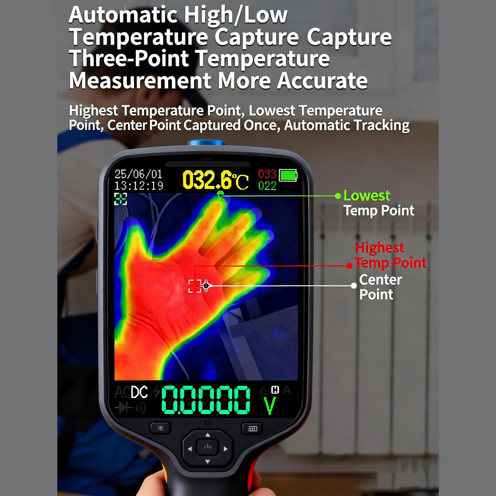 Jectse Multimetro Palmare con Termocamera, Display con Risoluzione a Infrarossi 32x32 240x240 con Rilevamento della Tensione Senza Contatto NCV, per Elettricisti e Tecnici
