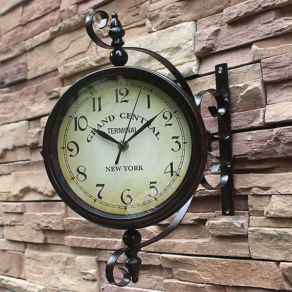 Horloge De Jardin Extérieure, Horloge Murale Double Face avec Support Extérieur, 20 Cm, Style Classique Européen, en Fer Forgé, Silencieuse Et Rotative, pour Décoration Intéri