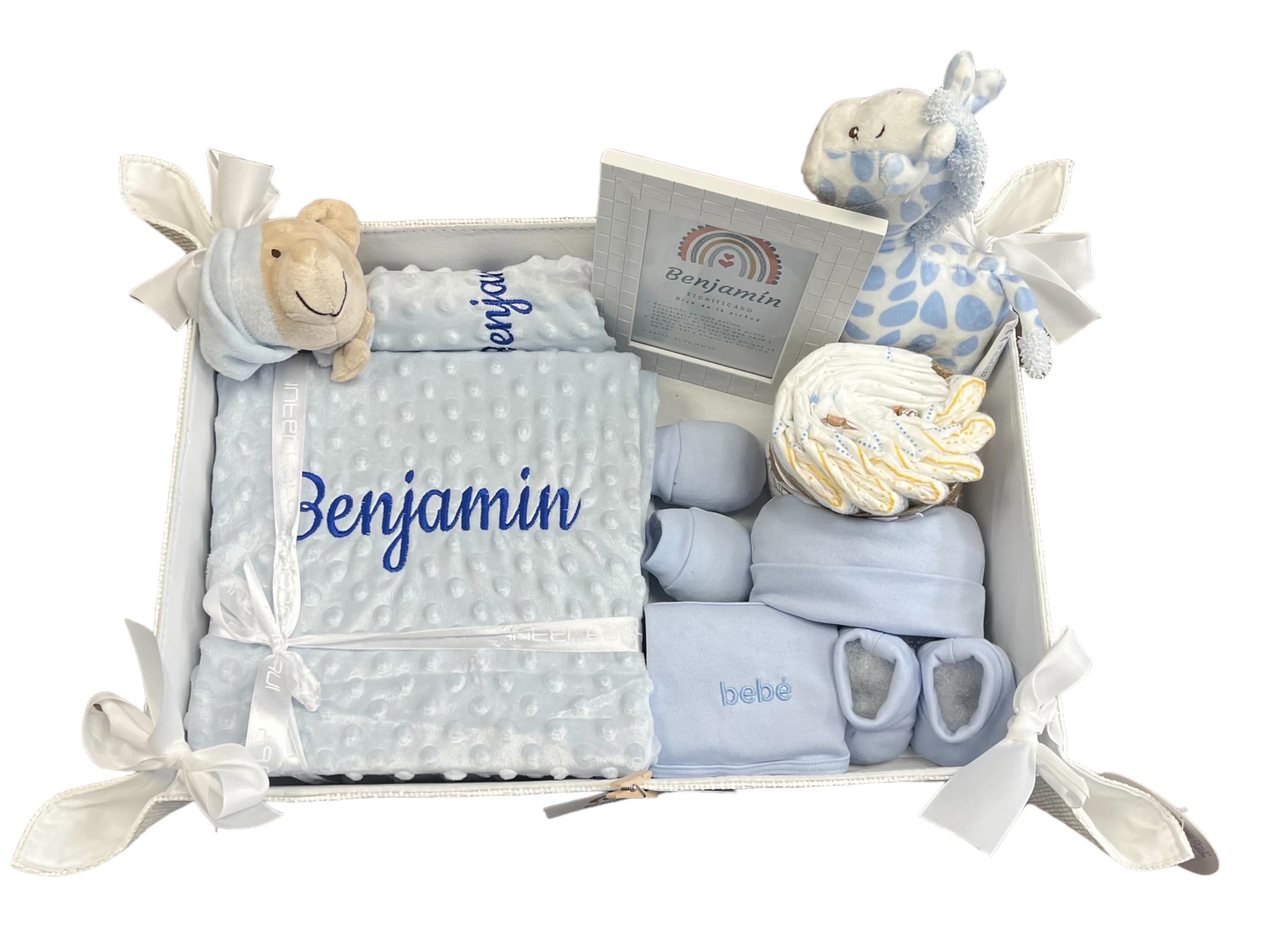 Danielstore Velvet Cesta para Regalo Recién Nacido, Canastilla Bebé Personalizada, Manta y Dou Dou Osito Bordada, Incluye Set de Primera Puesta y Pastel de Pañales (2 Azul)