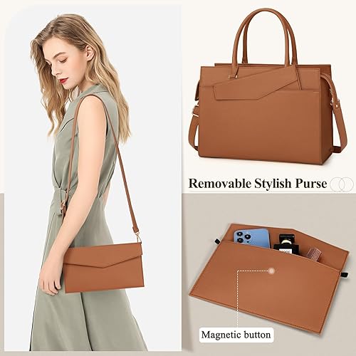 Miniatura 4 de Bolsa de cuero para laptop de 15.6 pulgadas para mujer, juego de 2 piezas, bolsa de trabajo profesional con bolso de mano, bolsa de mano grande para