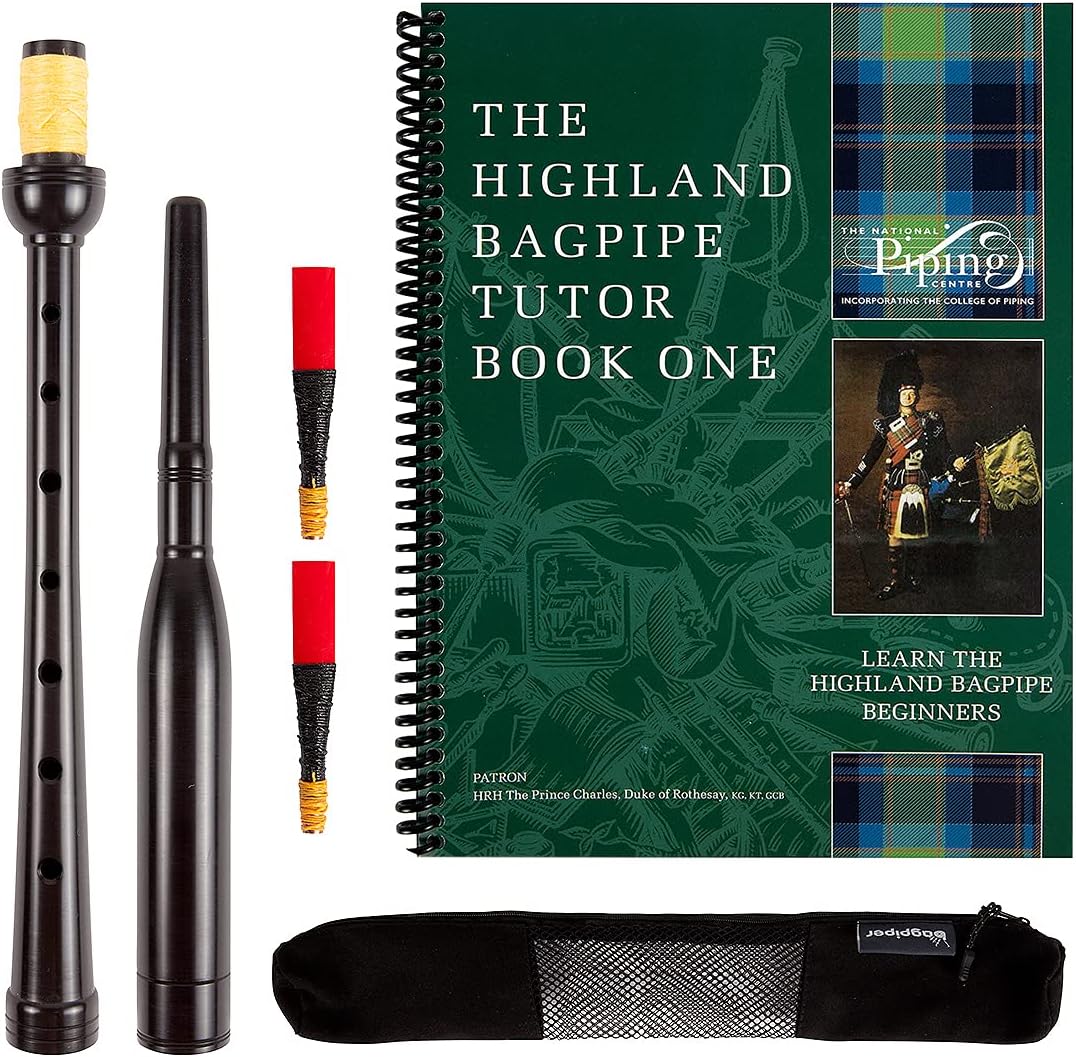Frazer Warnock 21 inch Long Bagpipe Practice Chanter, College of Piping Tutor Book 1, Breathable Case and Reed Tube with 2 Quality Reeds Bundle