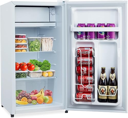 Miniatura 1 de Mini refrigerador de 3.2 pies cúbicos con congelador, interior espacioso, 2 estantes de vidrio deslizantes, cajón para verduras y funcionamiento