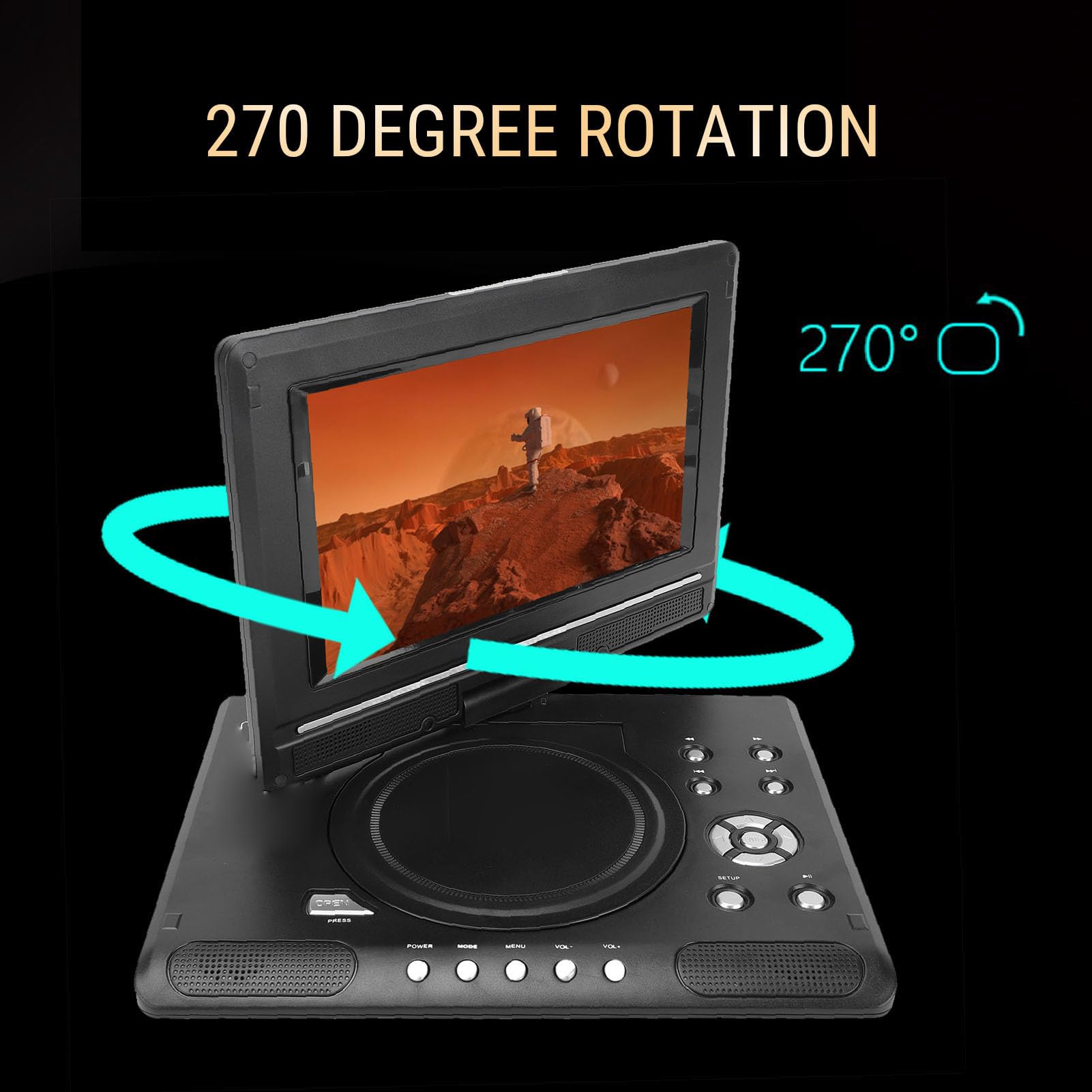 Jectse Lecteur DVD Portable de 9,8 Pouces avec télécommande, écran pivotant, Deux Haut-parleurs, Prise en Charge de l'entrée USB, de la Sortie AV et de Plusieurs (Prise UE)