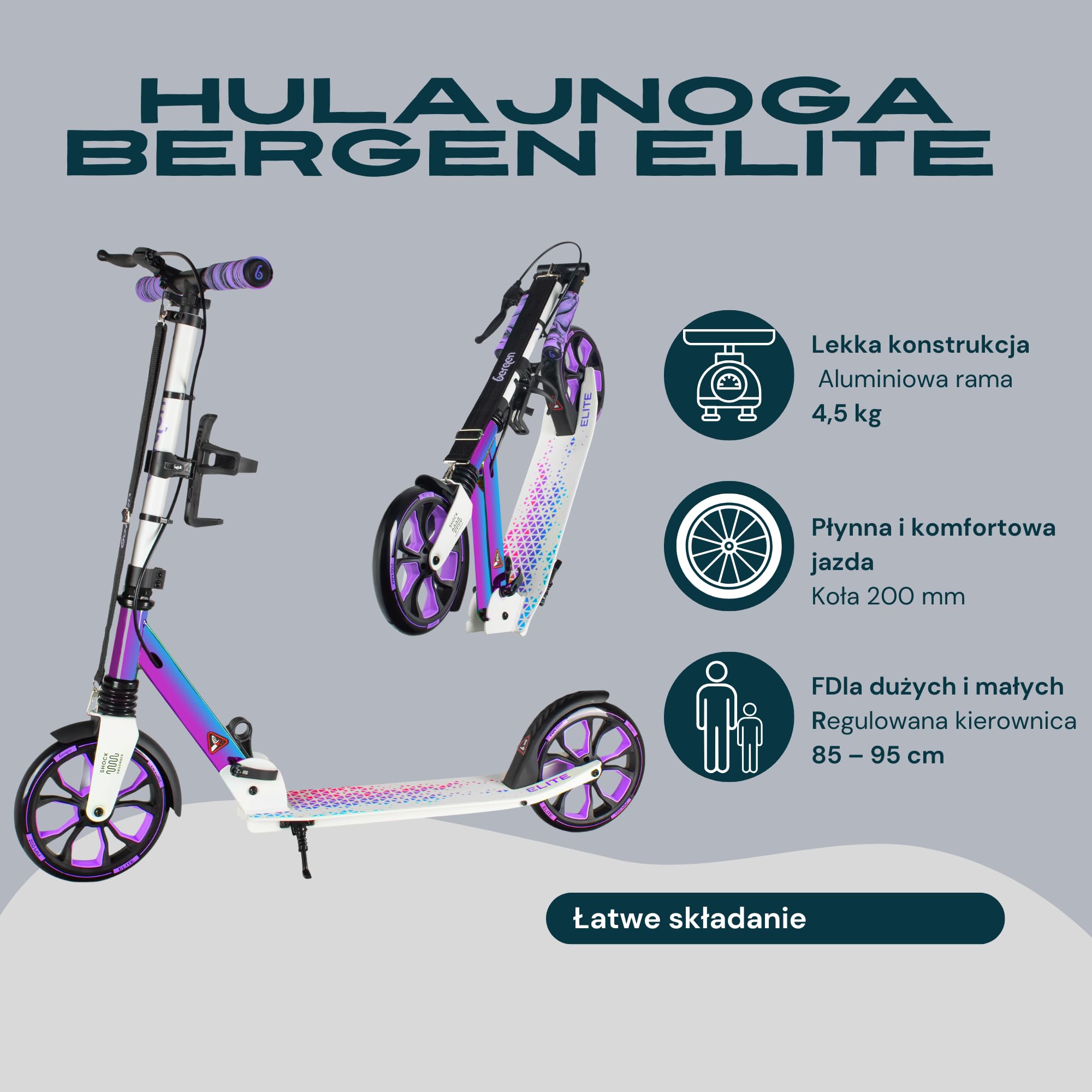 Bergen City Scooter Elite hulajnoga składana, aluminium, koła poliuretanowe 200 mm, amortyzator, hamulec ręczny i nożny, z regulacją wysokości, dla dzieci od 6 lat i dorosłych do 100 kg
