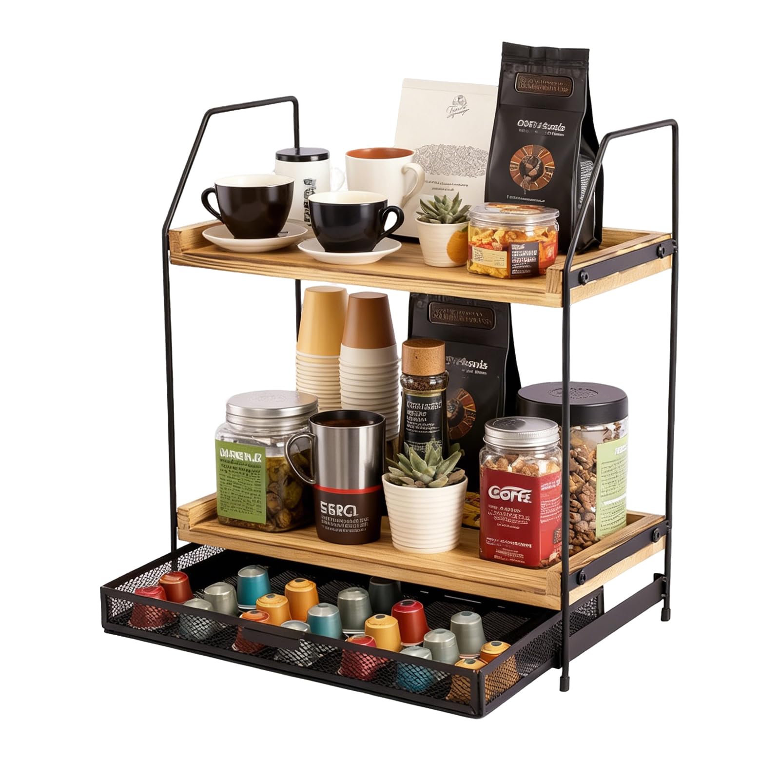 Organizador de estación de café con almacenamiento de cápsulas, organizador de estación de café de 2 niveles con soporte para cápsulas, soporte para tazas de encimera, almacenamiento de barra