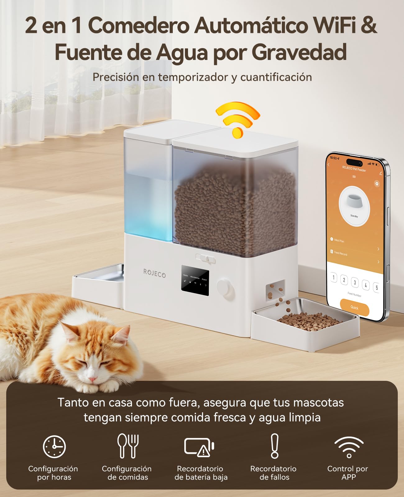 ROJECO Comedero automático para gatos y fuentes 2 en 1 – 8,5 L de capacidad total (5 L comedero + fuente de 3,5 litros), 1-36 porciones, 2 cuencos de acero inoxidable, sin BPA, para gatos y mascotas