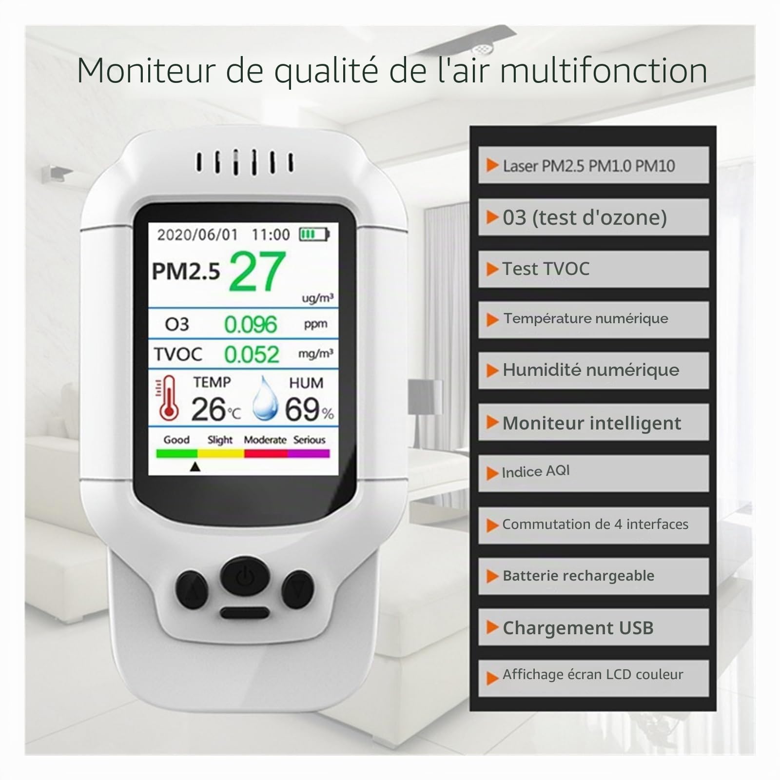 Moniteur de qualité de l'air intérieur, 8 en 1 testeur de gaz d'ozone professionnel détecteur de qualité de l'air PM2.5 PM10 PM1.0 TVOC O3 capteur d'ozone hygrothermographe moniteur pour la maison, le
