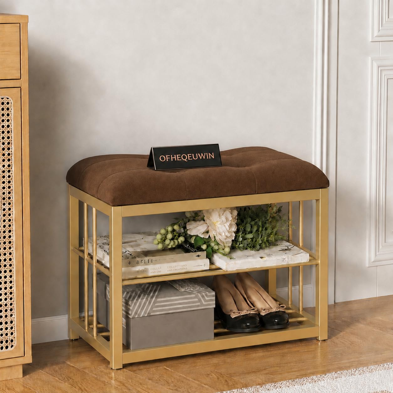 Modern Shoe Rack: Covered Velvet Stool with a Cushioned Seat for Setting Stool, Space-Saving Shoe Rack The Hallway, Bedroom, and Living Room (Brown)-image-40