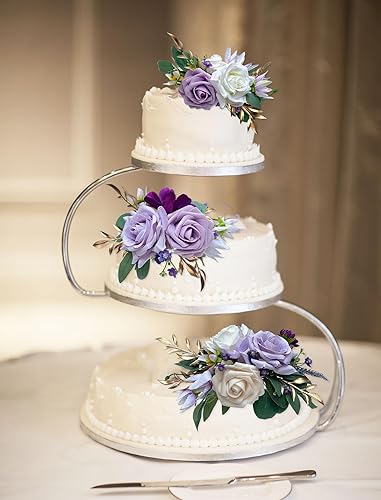 Miniatura 7 de Juego de 3 decoraciones para tartas, decoración de flores artificiales para boda, decoración de pastel morada, decoración de boda, aniversario,