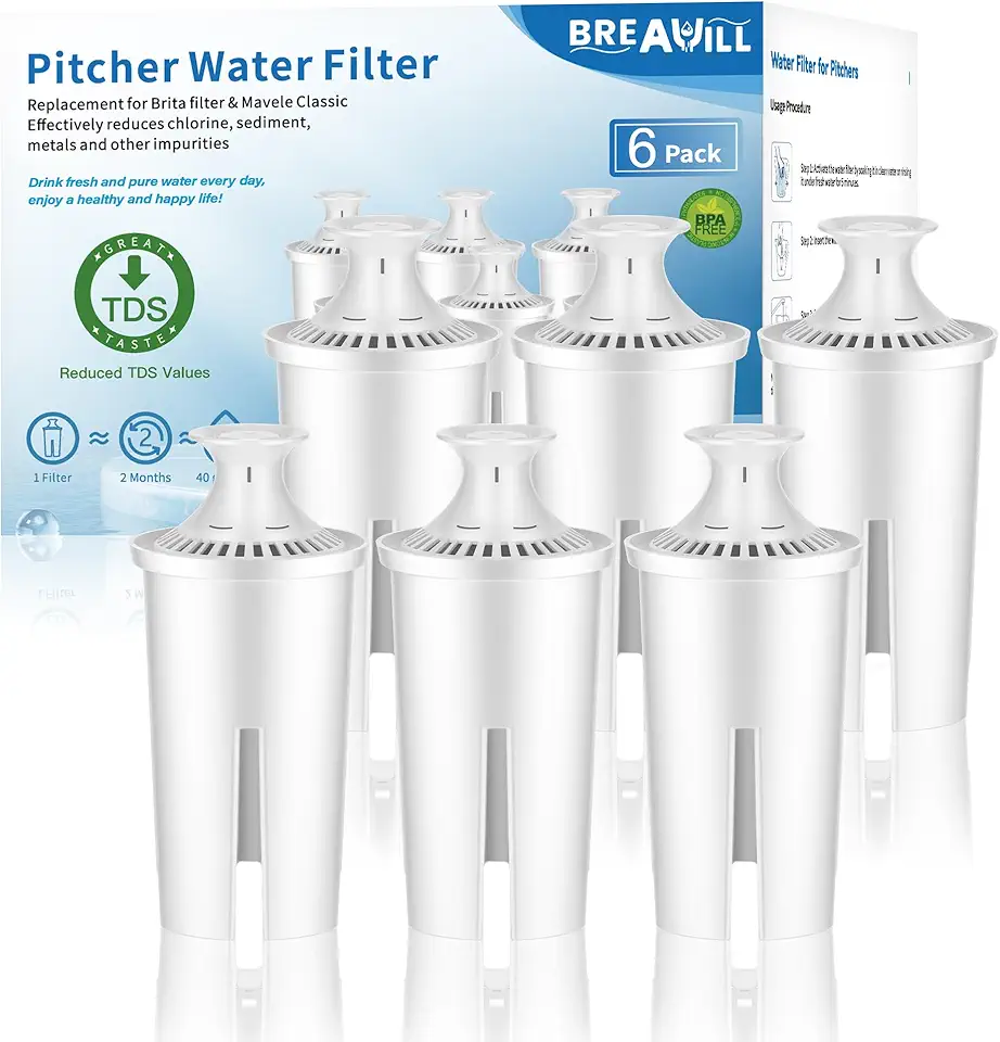 BREAUILL Water Pitcher Filter Water Filter Replacement Compatible with Brita® Water Filter, Pitchers, Brita® Classic, OB03, Mavea® 107007 35557, New Upgraded Filter to Reduce TDS, Chlorine etc. (6)