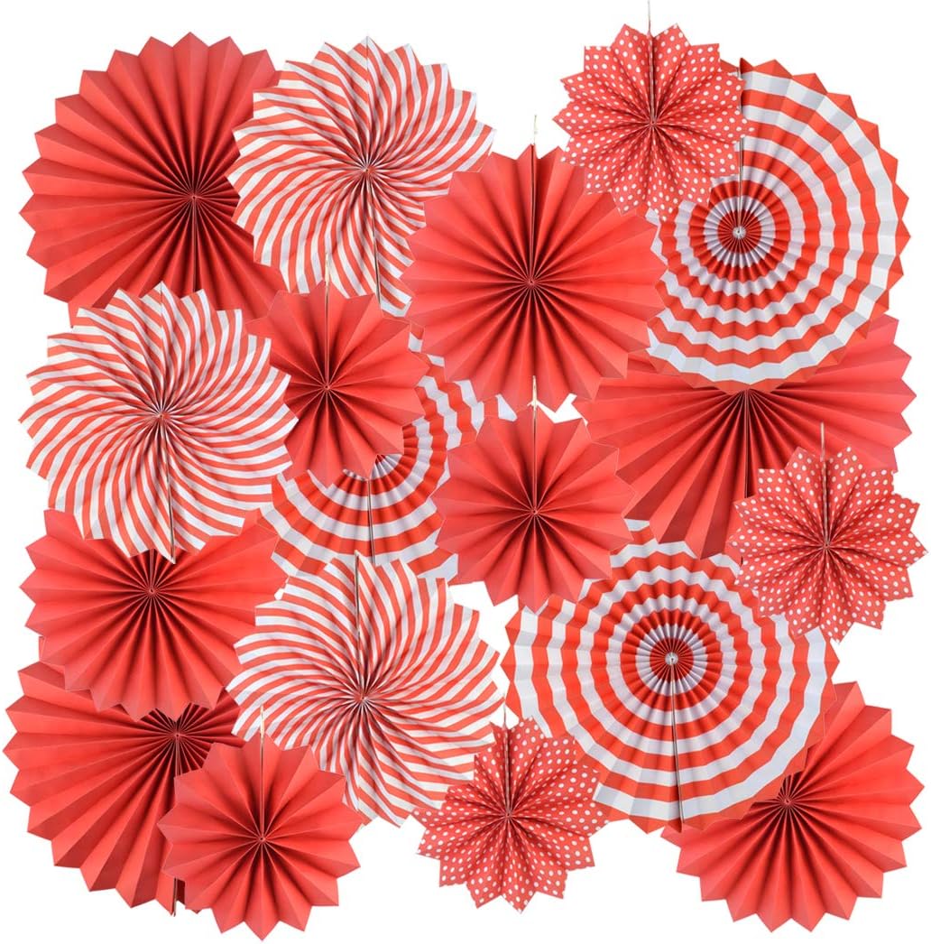 18Pc Party Hanging Paper Fans Set - Red Folding Round Fan Wall Decor, Paper Garlands Flower Decoration for Birthday, Festival, Wedding, Graduation Events Accessories