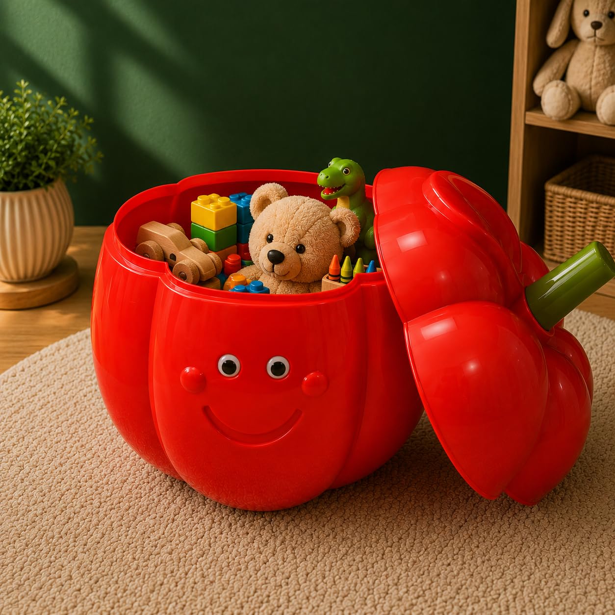 eHomeKart Tomato Shaped Toy Storage Box with Lid | Fruit Design Kids Toy Box Organizer Bin | Storage Basket for Toys, Clothes, Books & Stationery | Playroom, Classroom, Nursery | D49.5cm x H54.6cm-picture-11