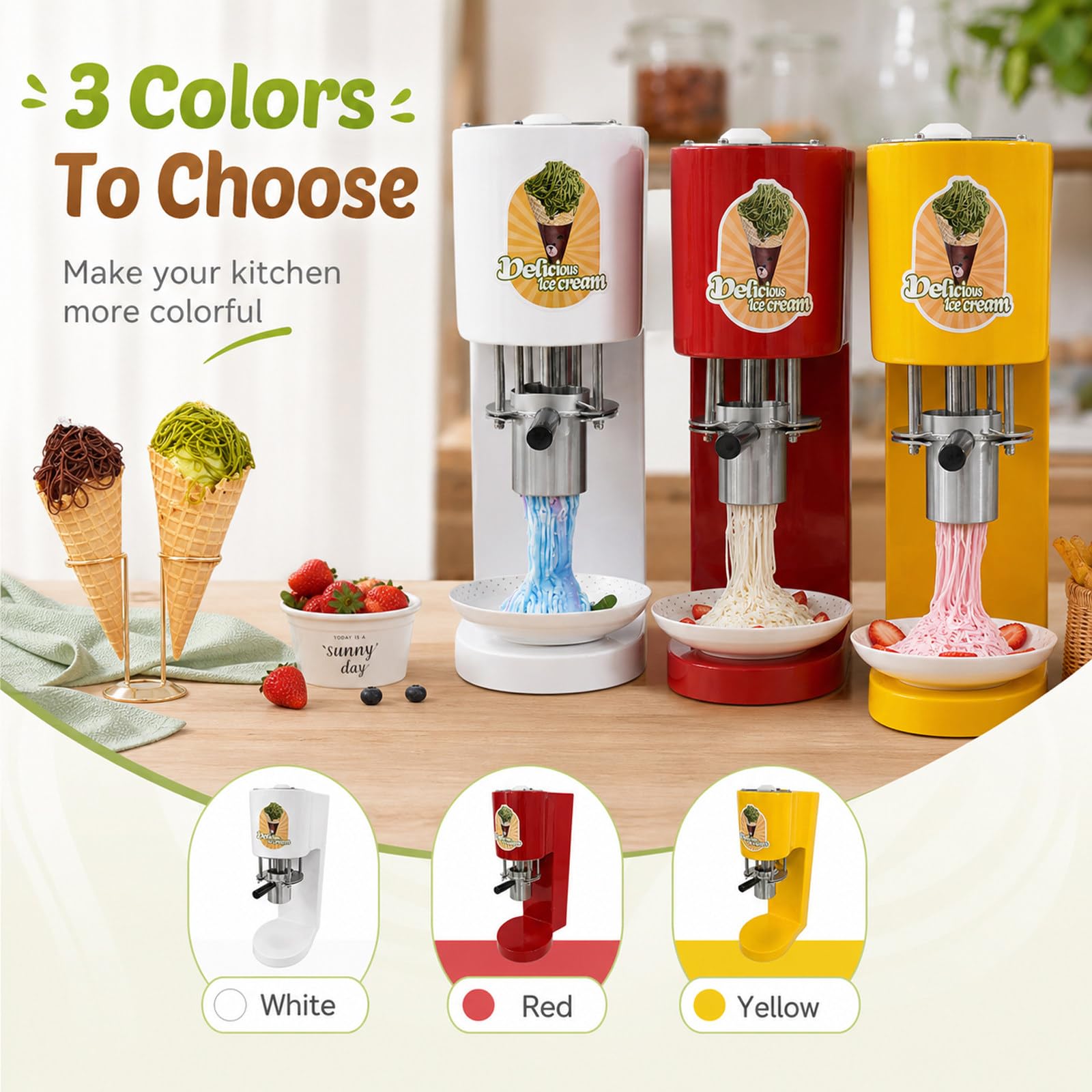 Máquina Profesional Spaghetti Helado, Máquina Comercial Hacer Helado Espagueti 80w, CREA Diferentes Formas de Postre, Soporte Antideslizante, para Eventos y Catering Privado White