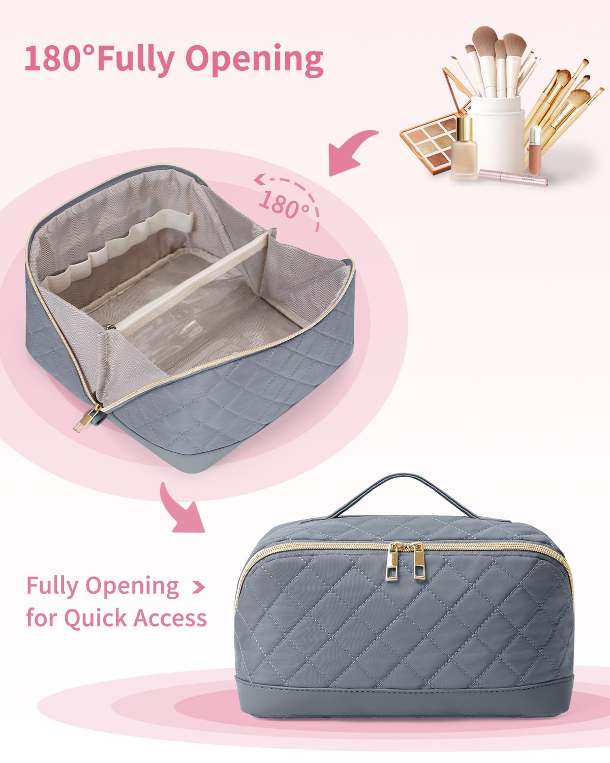 Travel Makeup Bag Large Capacity Cosmetic Bag for Women Portable Make up Bag with Clear Divider and Brush Compartment - Image 4