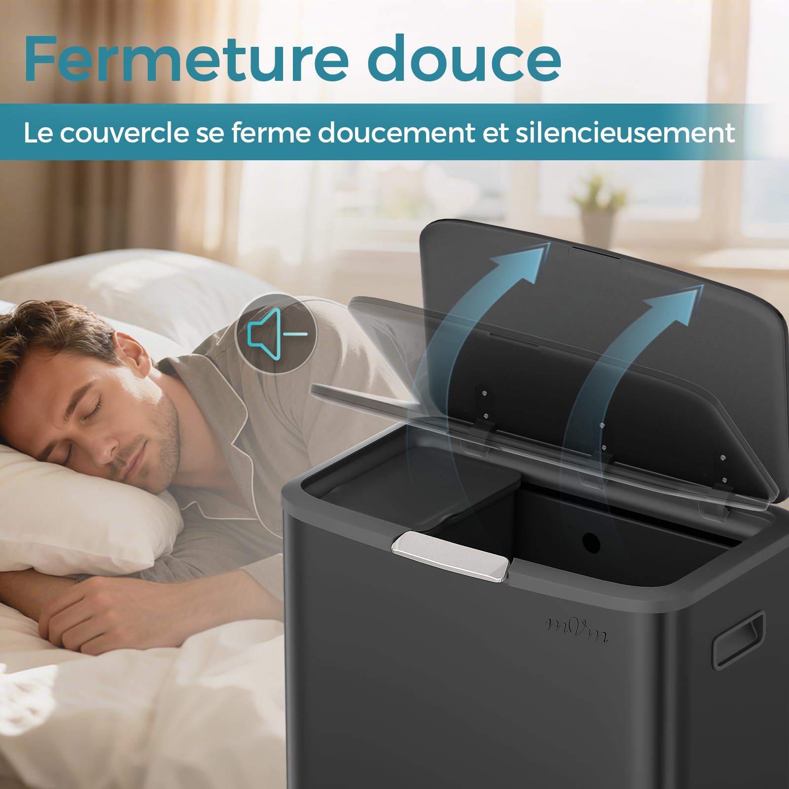 mVm Poubelle Cuisine 65L, avec Tri Sélectif Intégré, Comprend Seau Amovible, en Acier Inoxydable, Anti-traces de doigts, Support Détachable, Facile à nettoyer, Idéal pour Cuisine, Bureau et Salon
