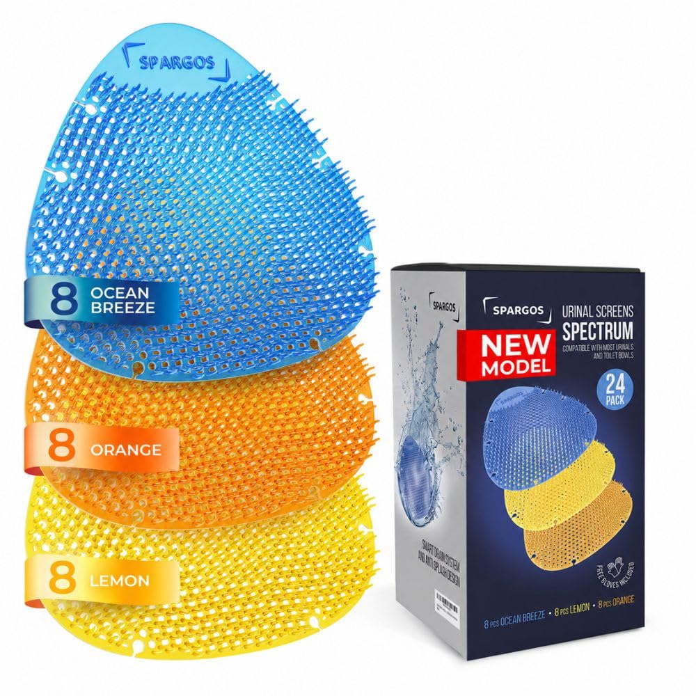 Urinalsieb Lufterfrischer 24er Pack - Spritzschutz & Geruchsschutz für Toiletten in Stadien & Schulen Inkl 8x Blau 8x Gelb 8x Orange Handschuhe Gratis