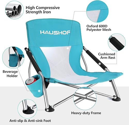 Miniatura 5 de HAUSHOF Silla de playa baja, silla plegable con respaldo de malla, sillas de camping ligeras de asiento bajo con soporte para tazas, bolsa de