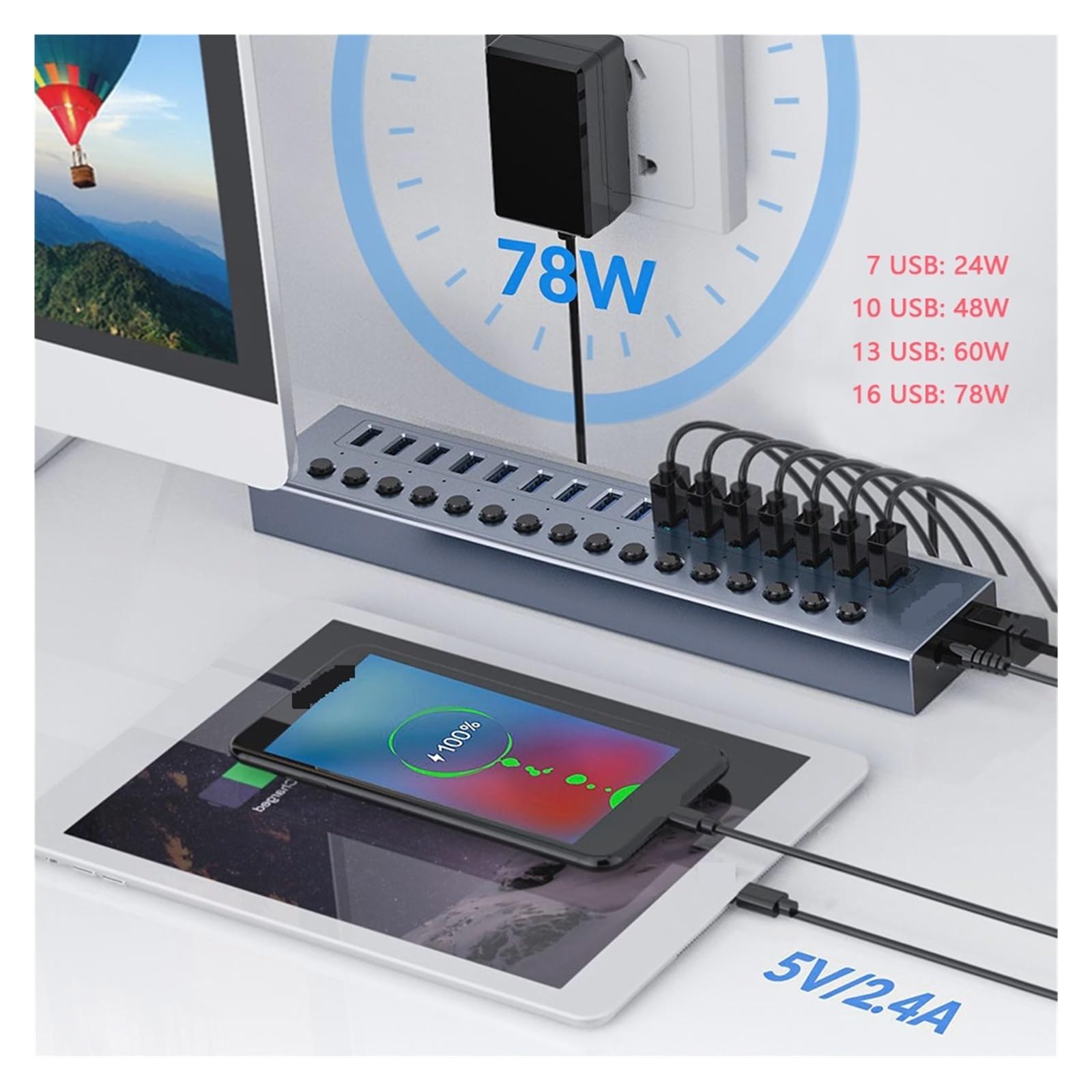 Hub Multi USB, Interruptor Divisor De Varios Puertos, Toma Acoplamiento con Tecla Encendido Y Apagado, Adaptador/Cargador Energía Ranura For Enchufe 3,0 Múltiple Capacidad De Carga RáPida(13 USB)