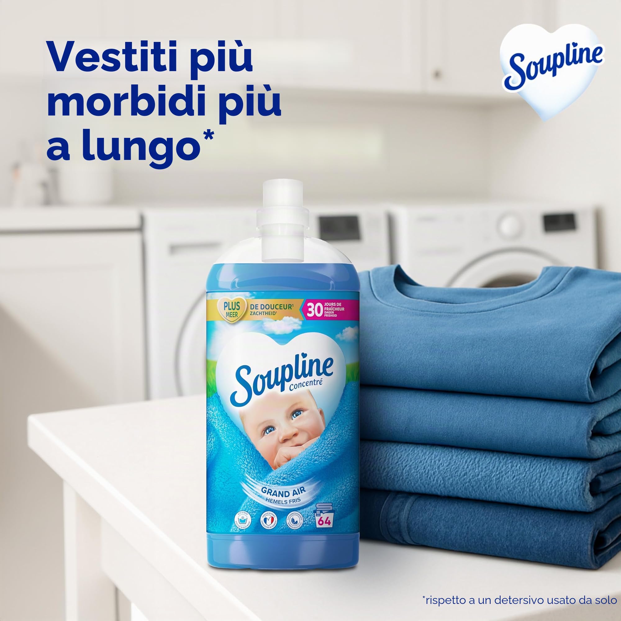 SOUPLINE Soupline ammorbidente concentrato 3D grande aria ammorbidente ammorbidente formula migliorata per una maggiore morbidezza, ammorbidente tessile liquido, 3 x 1,35 l