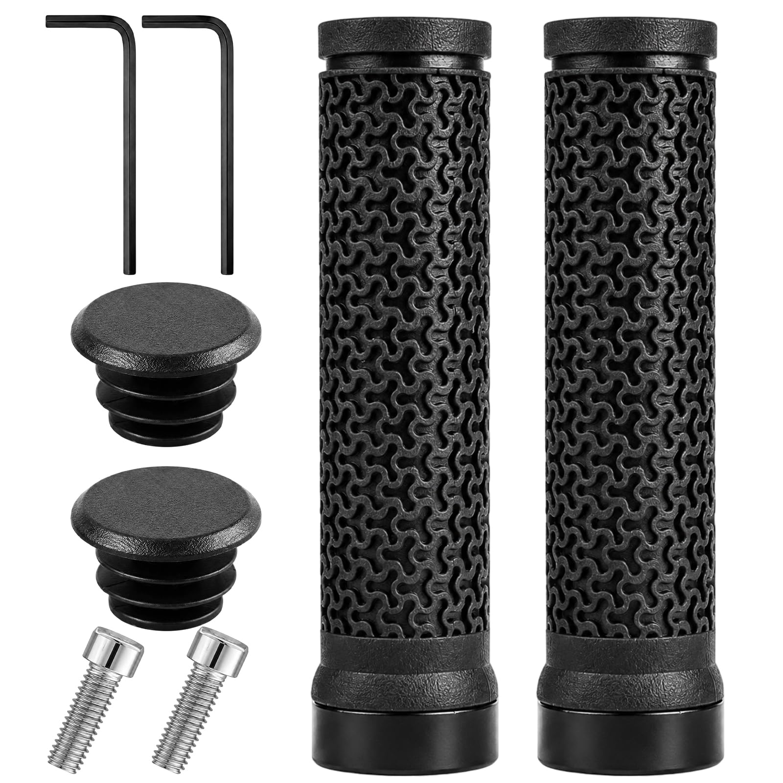 Bike Grips, MTB Grips, BMX Grips, Durable Rubber Handlebar Grips for Mountain Bikes and Scooters, Complete Set with Installation Wrench and Bar Plugs in Black Finish