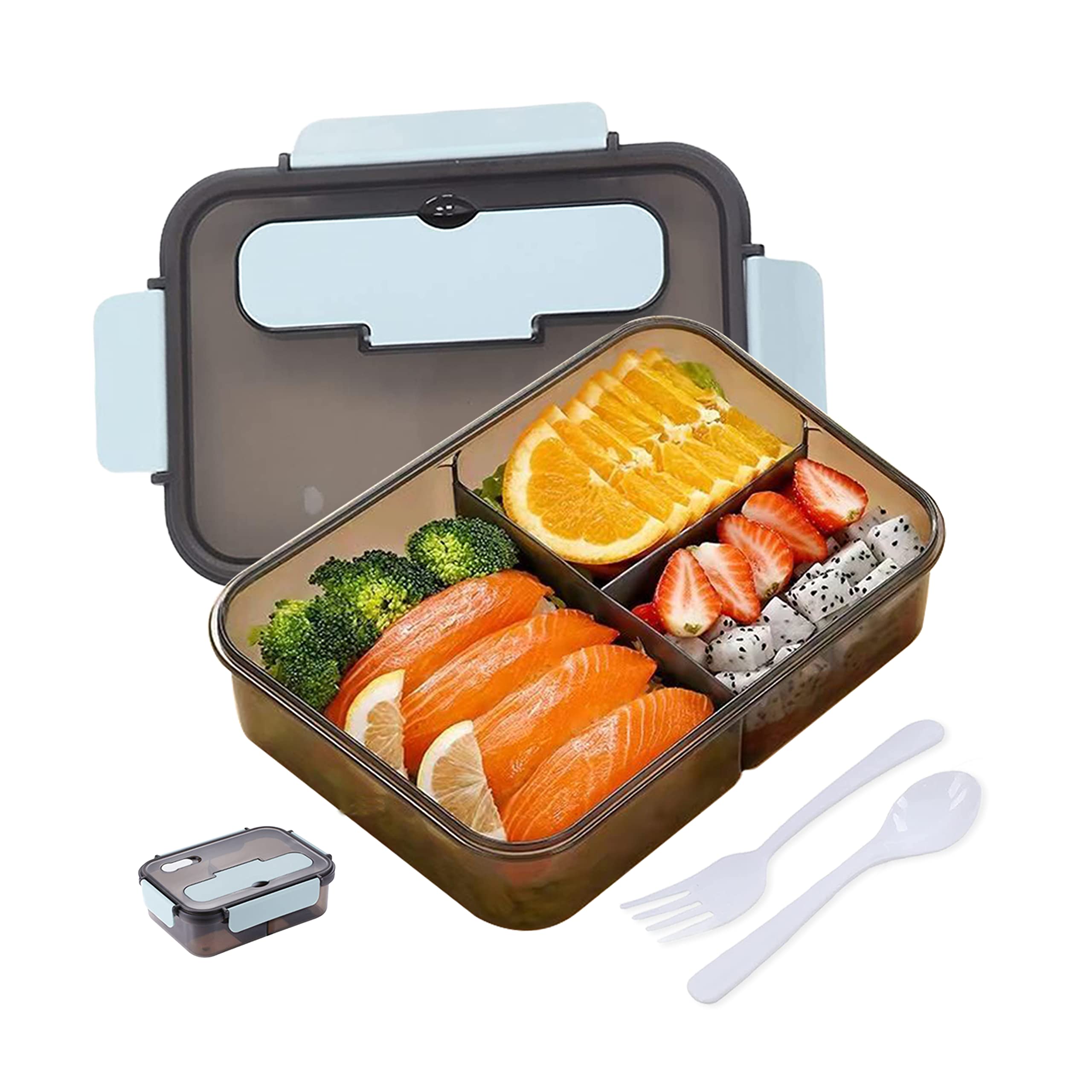 Lunch Box Plastic Lunch Box with Spoon & Fork 3 Compartment Lunch Containers Plastic Bento Box Lunch Box with Cutlery Leak-Proof Tiffin Box Bento Lunch Box BPA Free Lunch Box Large Capacity (Blue)
