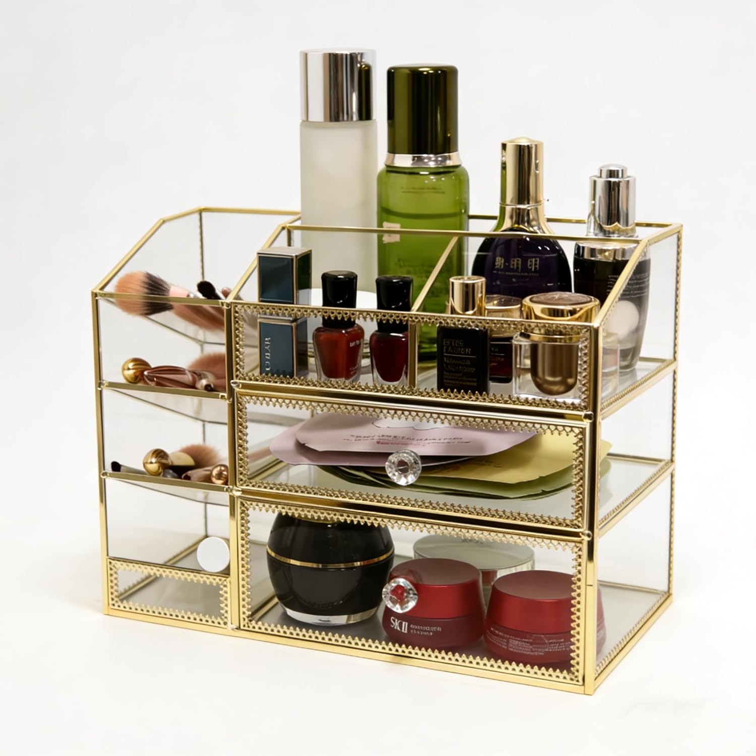 Hersoo Luxury Gold Trim Glass Makeup Organizer, 3-Tier Mirrored Vanity Dressing Table Storage Case for Skincare, Perfume, Lipstick, Brushes, Desktop Cosmetic Organizer