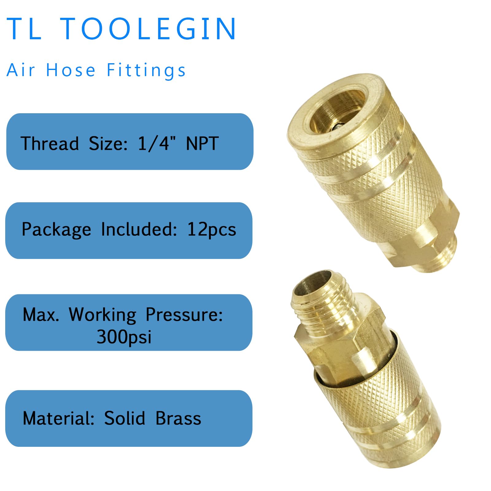 Raccordi per tubi dell'aria da 1/4" maschio NPT in ottone massiccio, kit accoppiatore d'aria, 12 pezzi, accessori per compressore d'aria a connessione rapida, 300 Psi