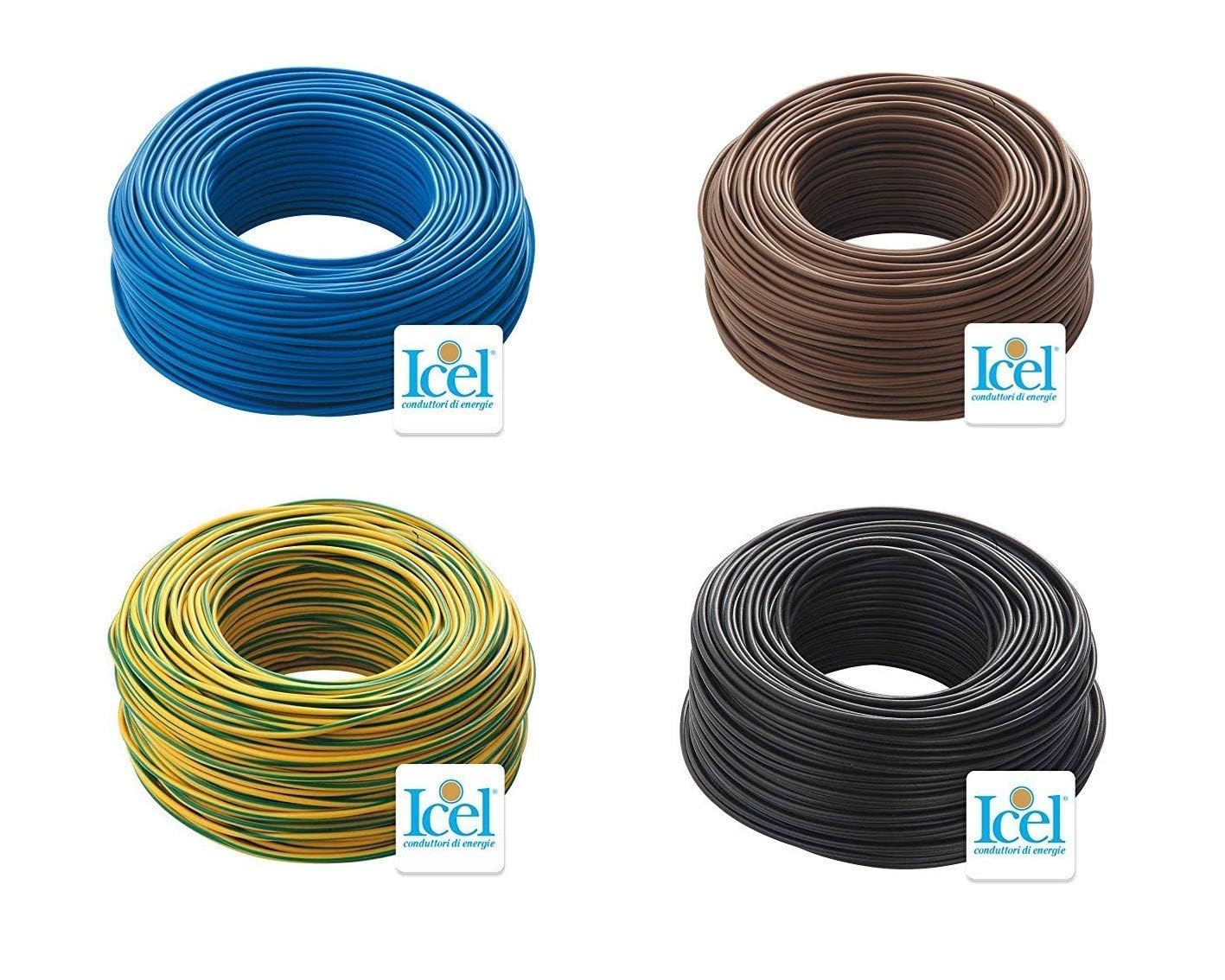 Cavo Icel Elettrico Unipolare Isolante FS17 Matassa per impianti casa aziende edili 4 Matasse da 100 metri 400 metri totale Colore Blu-Nero-Marrone-Giallo/Verde (1,5 mm)