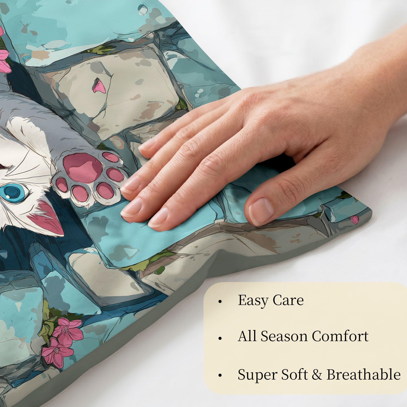 Juego de funda de edredón y funda de almohada de dibujos animados terapéuticos, tamaño Super King, diseño de pared de piedra de gato blanco, ropa de cama de microfibra suave, 260 x 220 cm, reversible