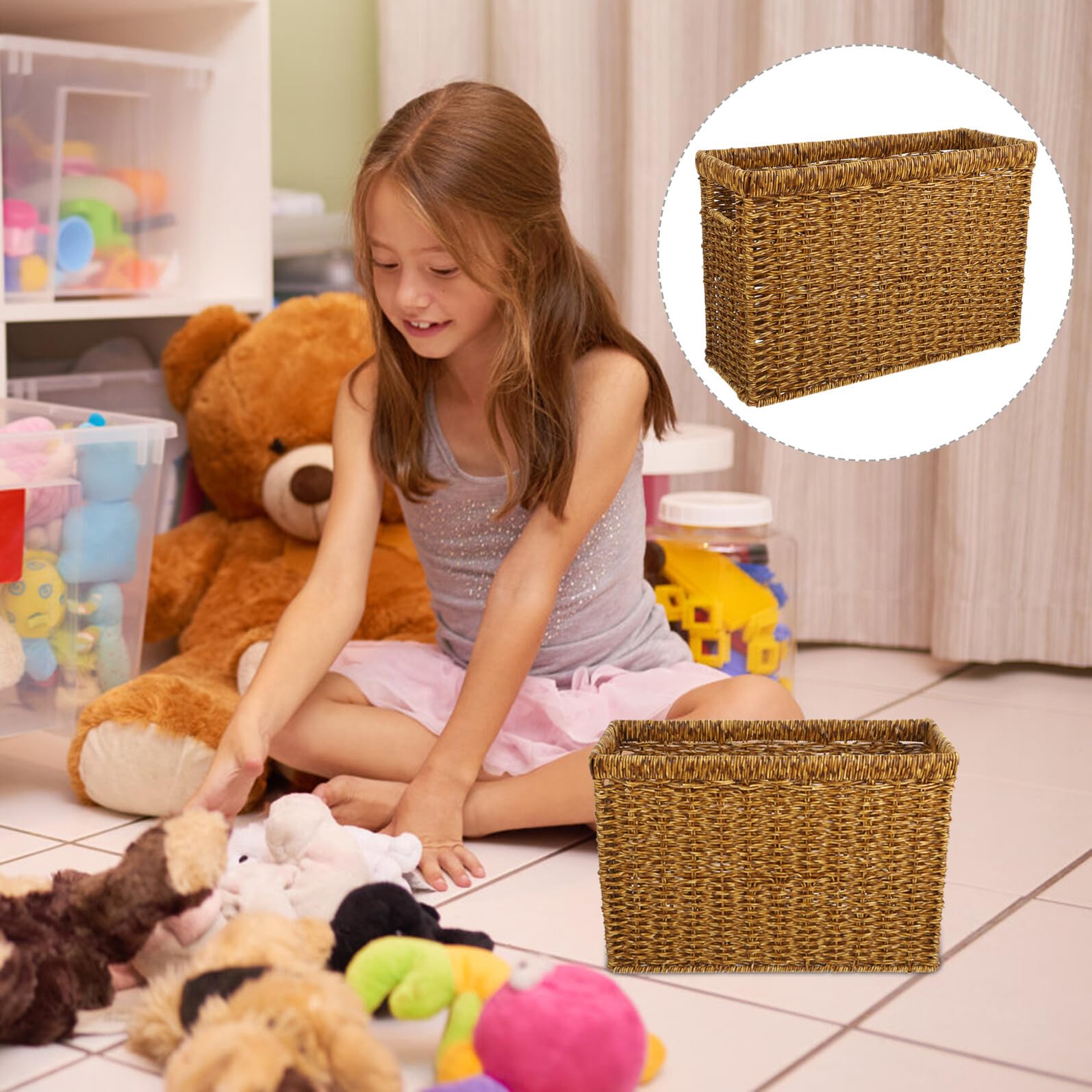 Genérico Cesta Tejida con Asas de Ratán Plástico Cesta Decorativa para Almacenamiento y Organización de Objetos Domésticos para Oficina Dormitorio y Sala de Estar