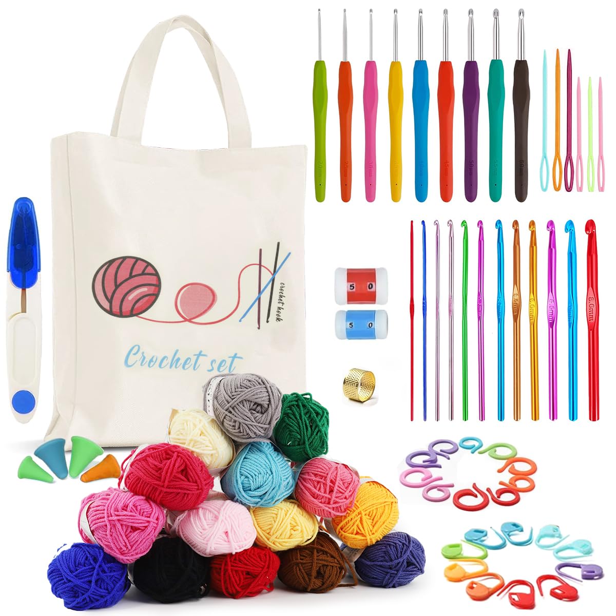 HASTHIP® 72PCS Crochet Kit for Beginners Adults, Knitting Starter Kit for Colorful Craft, Crochet Hooks Set Includes Canvas Tote Bag for DIY Crocheting Crochet Accessories and Supplies-image-14