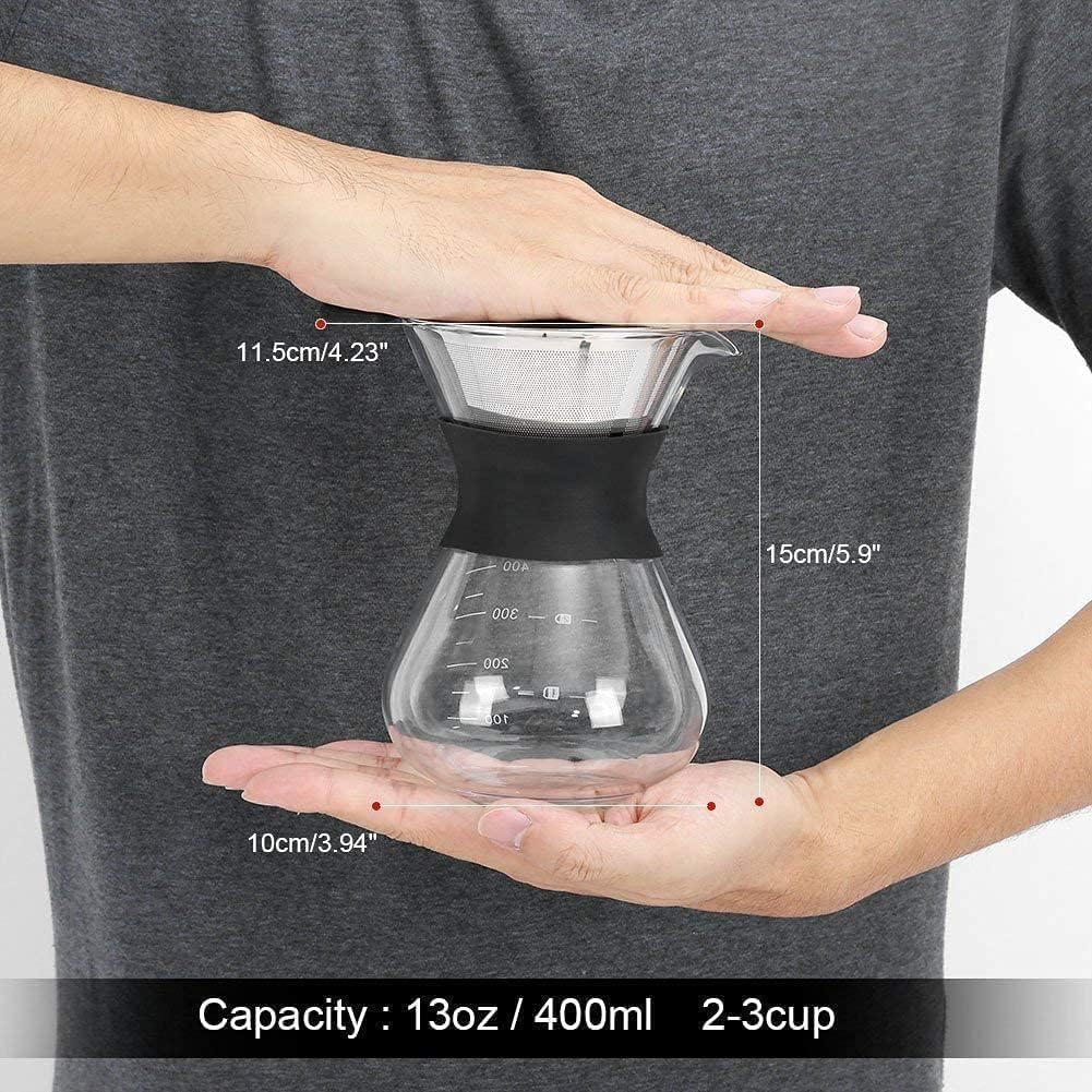HERCHR Caffettiera in Vetro Con Filtro Permanente in Acciaio Inox, Caraffa in Vetro Borosilicato, Macchina Da Caffè a Goccia Manuale, 400ml Caffettiera Americana in Vetro per Caffè Casa Ufficio