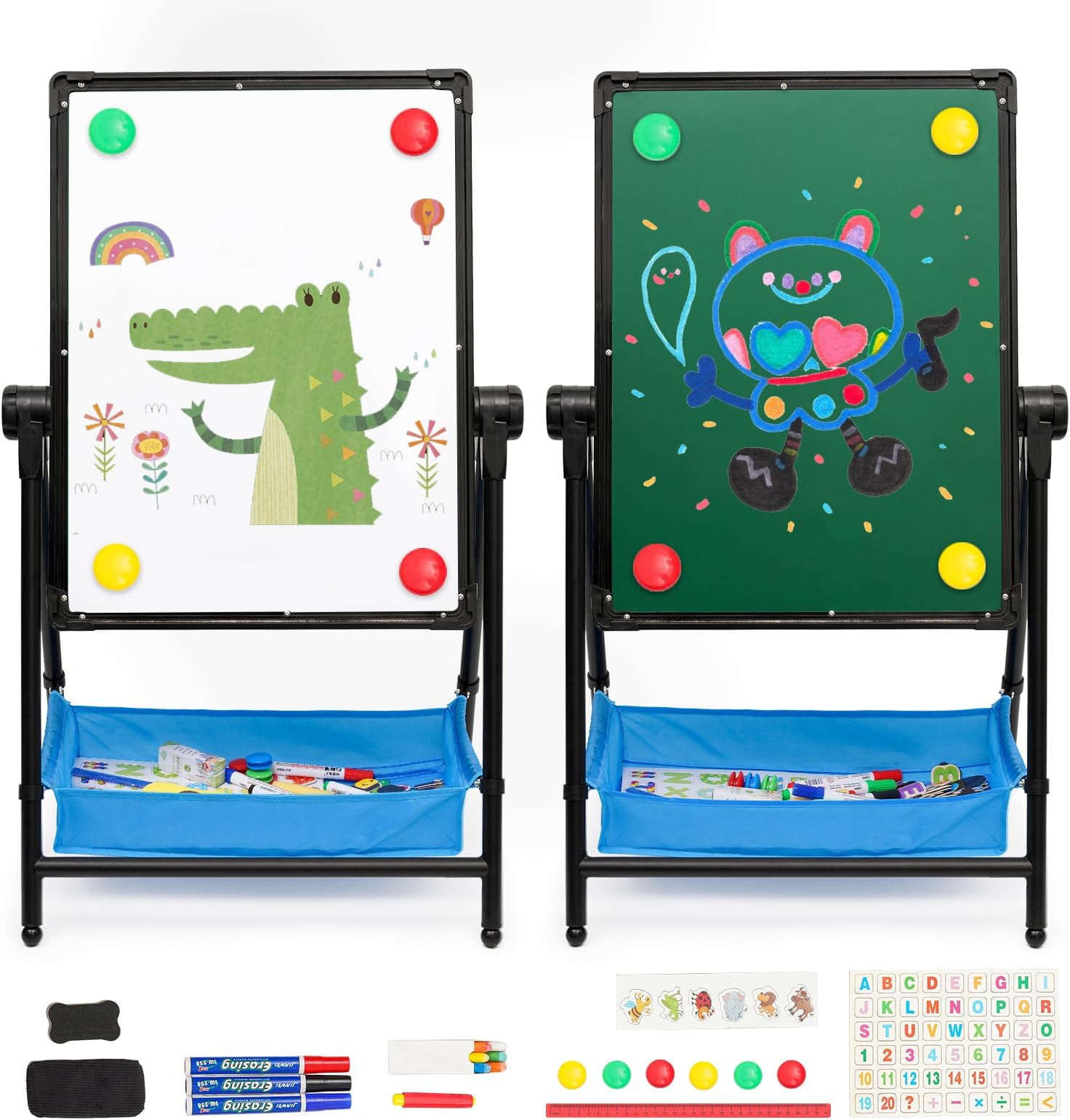 Kids Art Easel Standing Easel with Height Adjustable Whiteboard&Chalkboard Double Sided Easel 360°Rotating Drawing Easels for Kids (26inch-43inch)