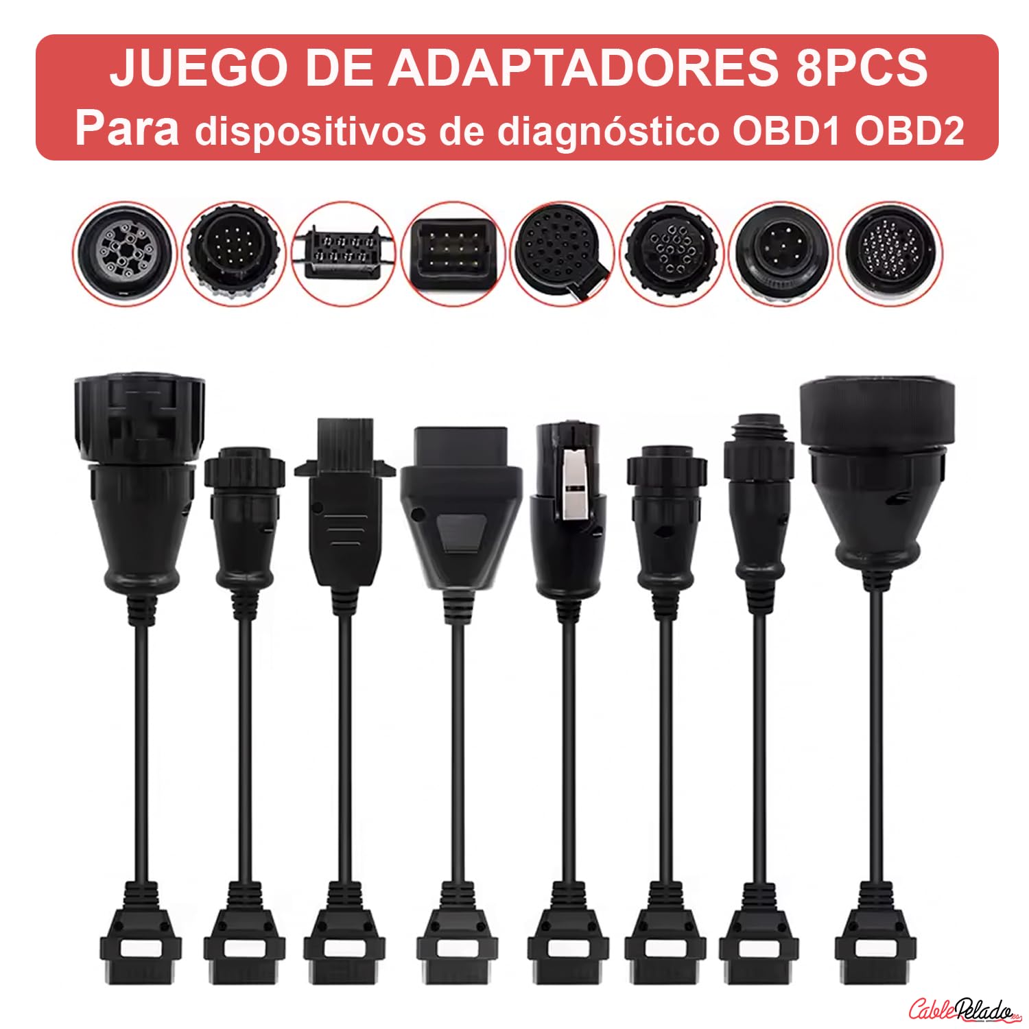 CABLEPELADO – Set de Adaptadores OBD1/OBD2 para Diagnóstico Automotriz, Juego de 8 Piezas, Compatible con Múltiples Marcas de Camiones (Kit 2)