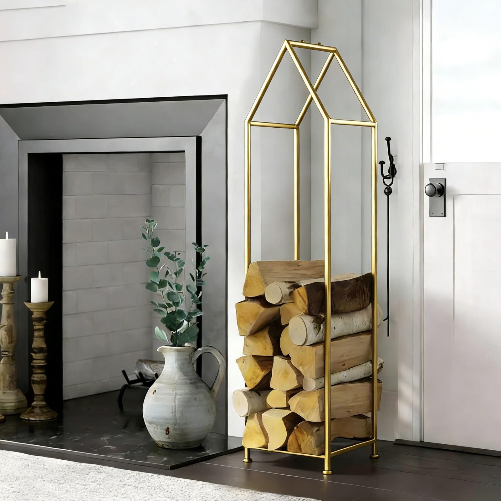 Portalegna Portalegna Stretto 33x33 cm Alto 120 cm, Supporto Angolare in Metallo per Tronchi di Legna, Supporto Impilabile per Stoccaggio di Legna da Ardere(Gold)