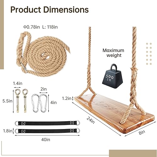 Miniatura 6 de Columpio de madera para árbol, capacidad de carga de 500 libras, columpio de madera para adultos y niños, altura ajustable, asiento colgante