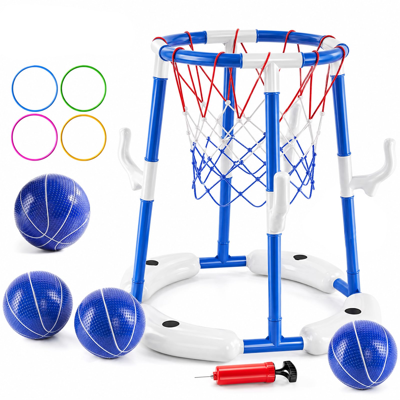 Cestino da basket gonfiabile per piscina con 4 grandi palline, pompa e adesivi, ideale per adulti per divertirsi in acqua