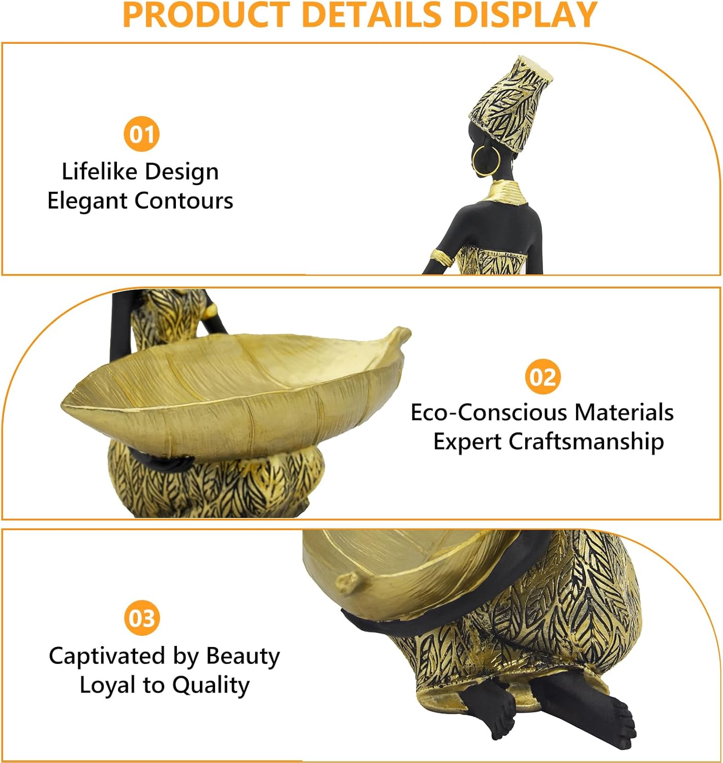 African Style Home Decoration Statue - Minimalist Resin Sculpture with Functional Leaf Tray, African Statues for Living Room/Study/Office Decoration, Unique Housewarming Gift Women & Men (V1-gold)