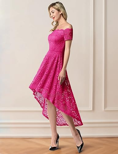 Vista 2 de Dressystar Vestido de Cóctel de Encaje para Mujer Hi-Lo con Hombros Descubiertos para Dama de Honor Vestido de Fiesta Formal Swing