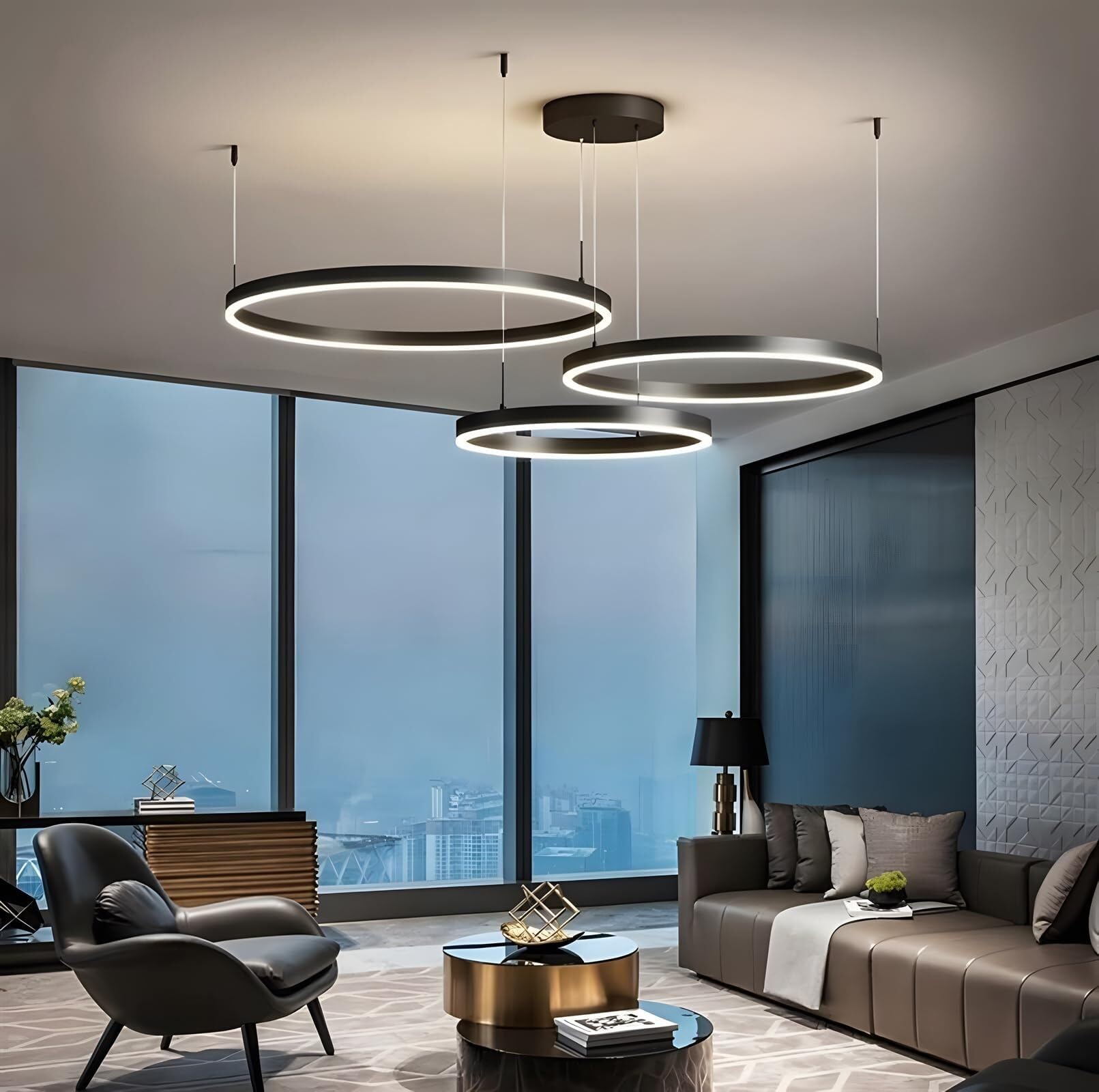 Moderner LED-Kronleuchter DIY Kreis LED-Pendelleuchte Metall + Acryl Fernbedienung Dimmbar Runde Deckenleuchte Wohnzimmer Schlafzimmer(Nero,B-40+60+80CM)