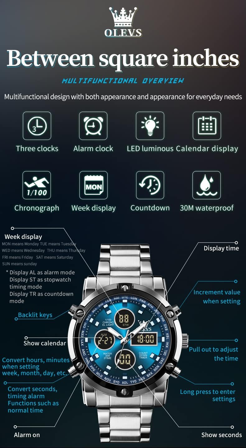 Diagram of OLEVS K-S-G1106G watch functions and buttons