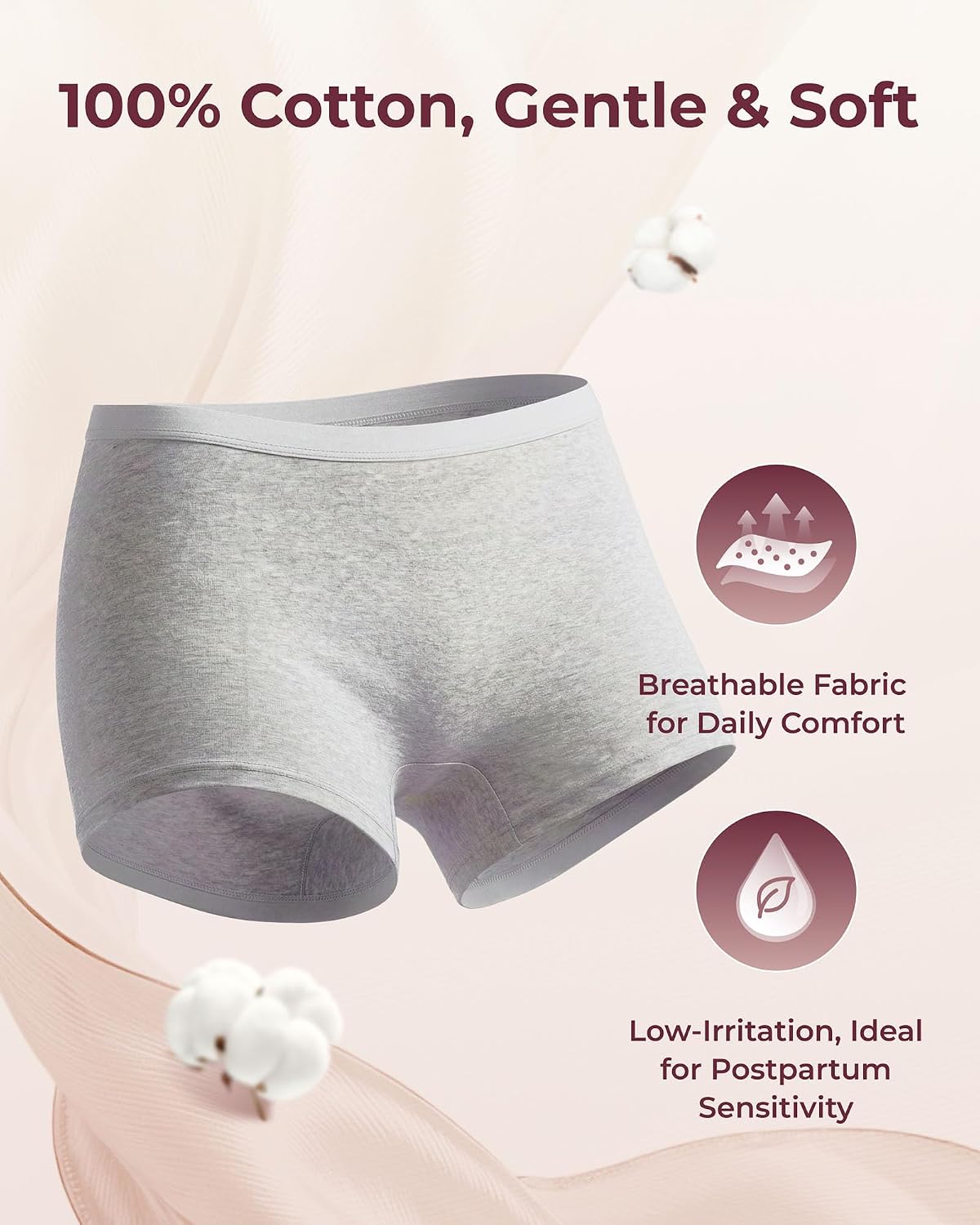  7-Pack 100% Cotton Disposable Postpartum Underwear, Wide Gusset | Individually sealed and breathable, gentle on sensitive skin, with a wide gusset designed to securely hold maxi pads thumbnail