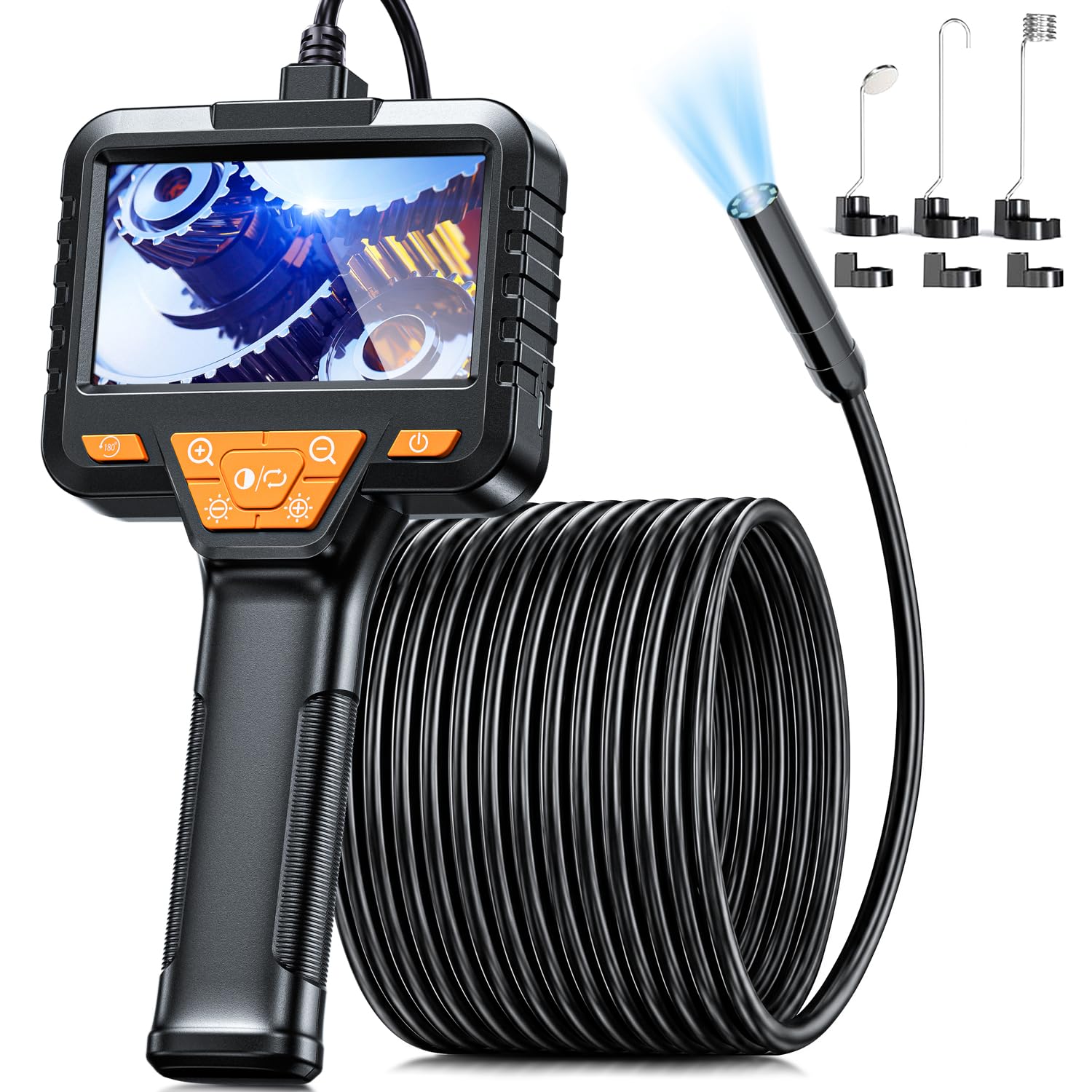 Endoskopkamera mit Licht, SKYBASIC Industrie Endoskop, 4.3-Zoll-IPS- Bildschirm Inspektionskamera,IP67 Wasserdichtes,1080P HD Rohrkamera mit 8 Einstellbaren LEDs -49.2FT/15M Halbstarres Kabel