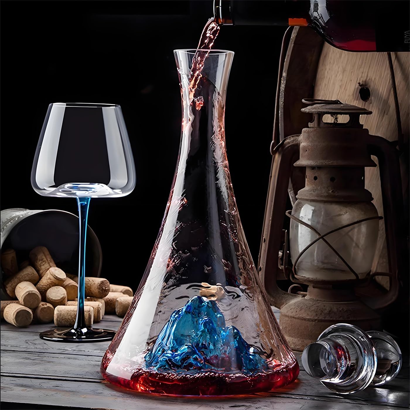Decantador de Vino Juego, Cristal Soplado a Mano Sin Plomo Decantador Vino 1150 ml, con Tapón y 2 Copas de Vino Patrón de Iceberg Azul Decantador de Vino Cristal, para Amantes del Vino Padres