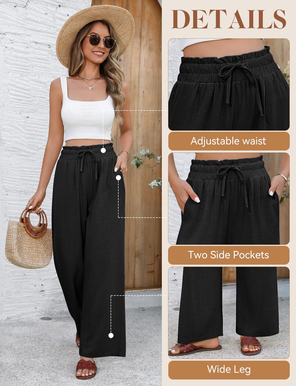 UMIPUBO Pantalon Lin Femme Été Coton Fluide Large Elegant Décontracté Pantalon Taille Haute Élastique avec Cordon Léger Jogging Pants de Plage avec Poches