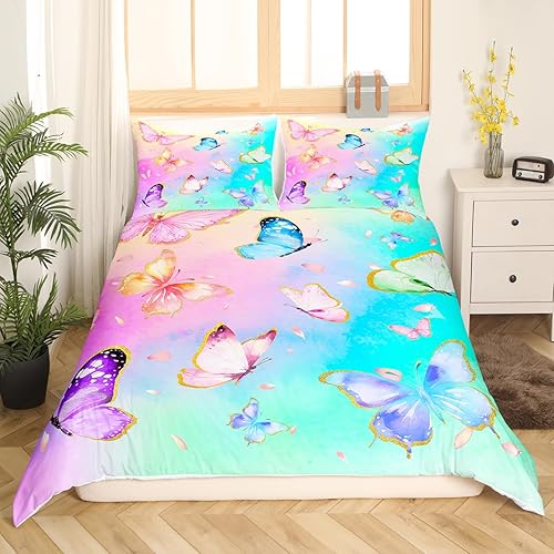Miniatura 3 de Erosebridal Funda de edredón de mariposa de dibujos animados para decoración de habitación de niñas, juego de ropa de cama de mariposas rosas y