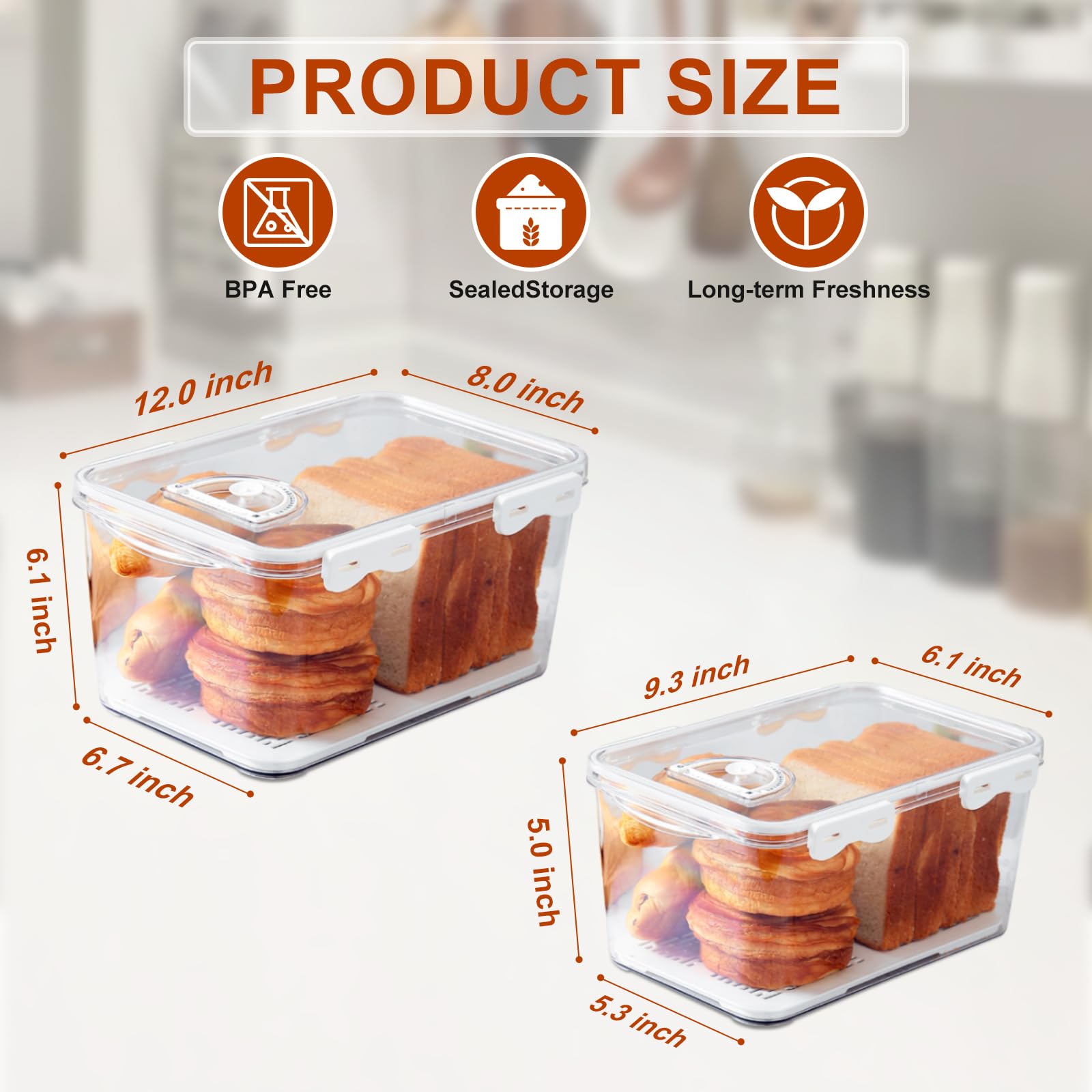 Brotbox für Küchenarbeitsplatte, luftdichter Brotaufbewahrungsbehälter, Zeitaufzeichnung, Brothalter mit Deckel, Brothalter für hausgemachtes Brot, Toast, Bagel, Donut und Kekse, Weiß, 2 Stück