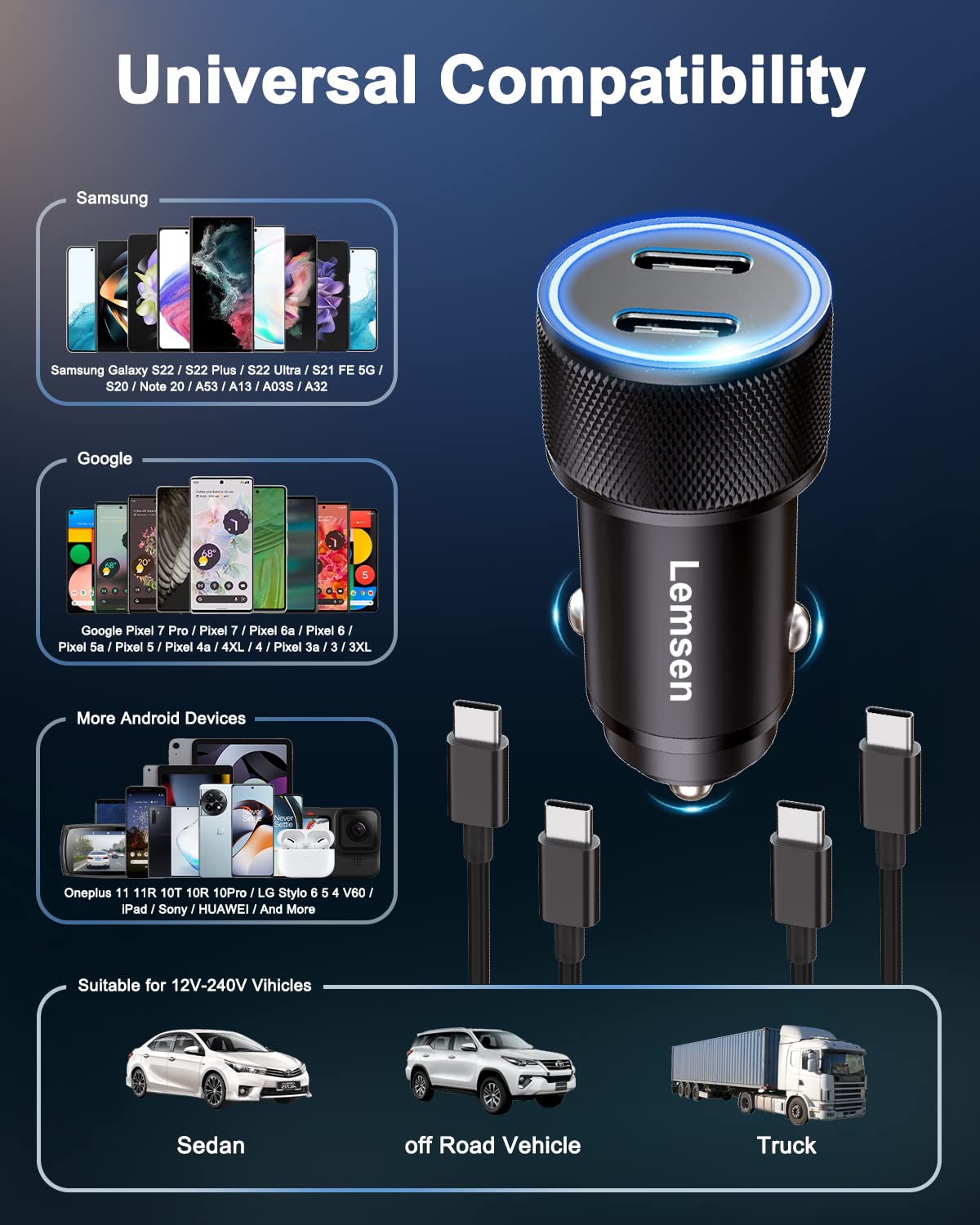 Zapalniczka USB C, Lemsen 60 W Dual Port USB C adapter do zapalniczki samochodowej
