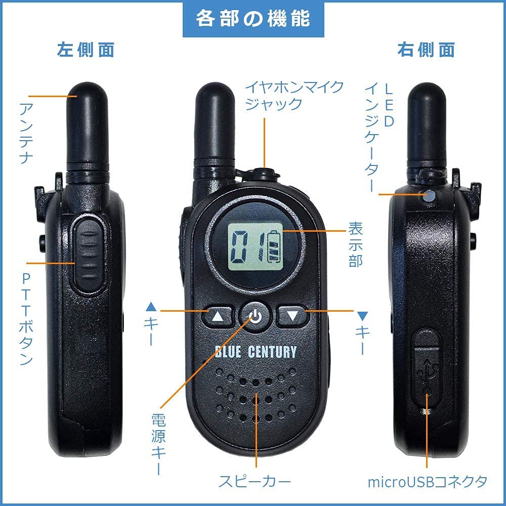 BLUE CENTURY ブルーセンチュリー 国内メーカー 超小型 特定小電力 トランシーバー BC-20 Chanty (シャンティ) 充電器/ベルトクリップ等付属 インカム 総務省技術基準適合商品 技適マーク有 (インナーイヤー型イヤホンマイク【C007】付き2台セット) - 3