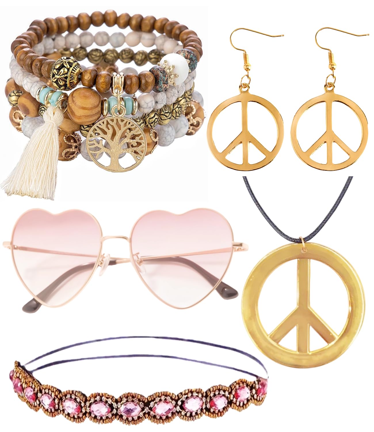 kasahara Hippie Accessoires 5 Stück Set, Hippie Kostüm Damen Kleidung, 60er 70er Jahre Bekleidung Abba Kostüm Accessoires Faschingskostüme Karneval Damen Boho Zubehör